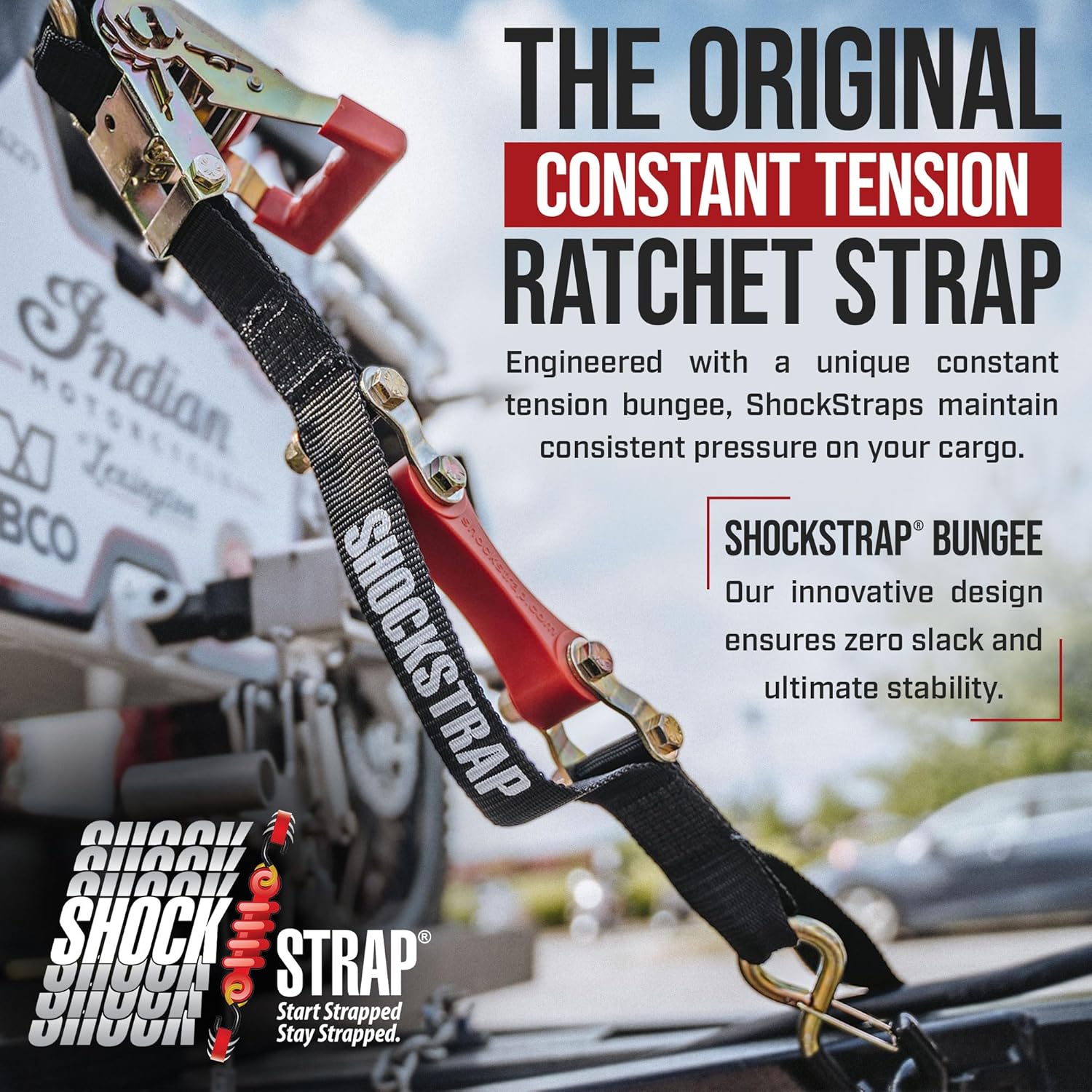 10ft x 1in SHOCKSTRAP® Constant Tension Ratchet Strap, Premium Polyester Webbing, 1,500lb Break Strength, 500lb Working Load Limit