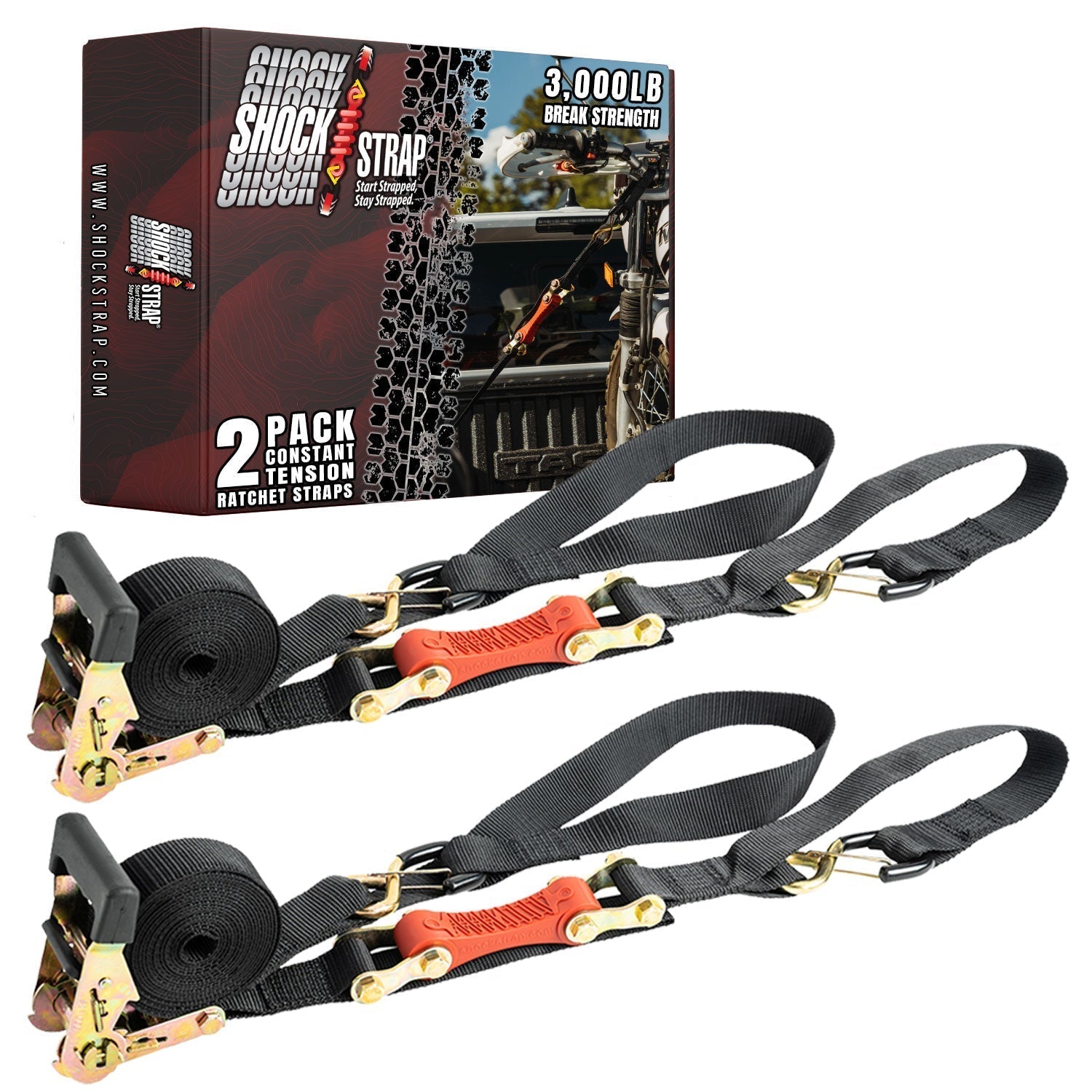 7ft x 1.5in SHOCKSTRAP® Ratchet Strap with Clip Hook,  Premium Polyester Webbing, 3k Break Strength, 1k Working Load Limit