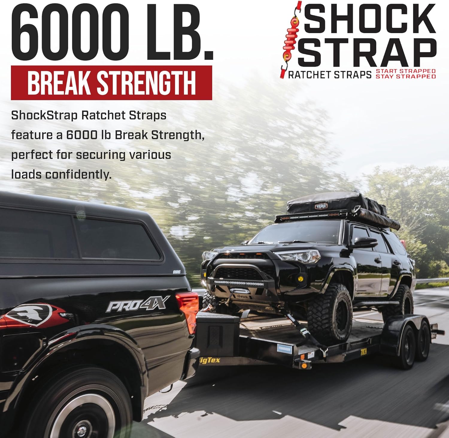 9ft x 2in SHOCKSTRAP® Ratchet Strap with Wire Hooks, Premium Polyester Webbing, 6k Break Strength 2k Working Load Limit